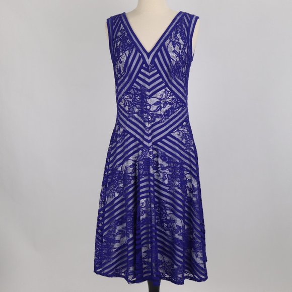 ❄ Tadashi Royal Blue Lace Illusion Floral Dress Party Wedding Formal Sheer - Picture 2 of 6